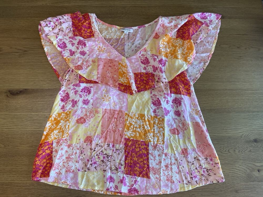 Andree by Unit Women's Floral Ruffle V-Neck Sleeveless Blouse Size Large